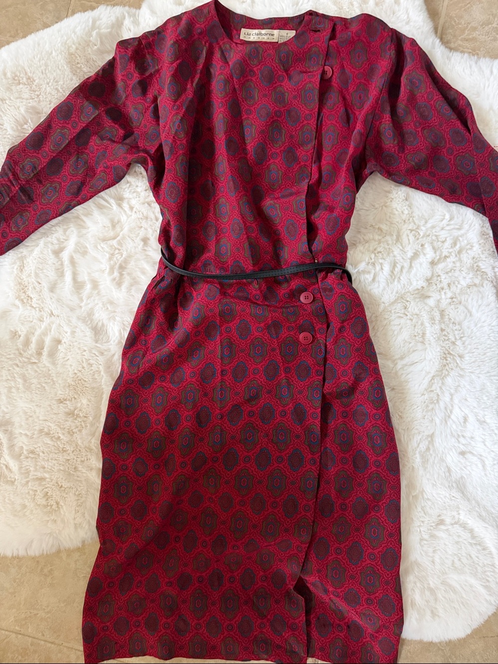 Vintage Liz Claiborne 100% Silk Red Patterned Long Sleeve Dress